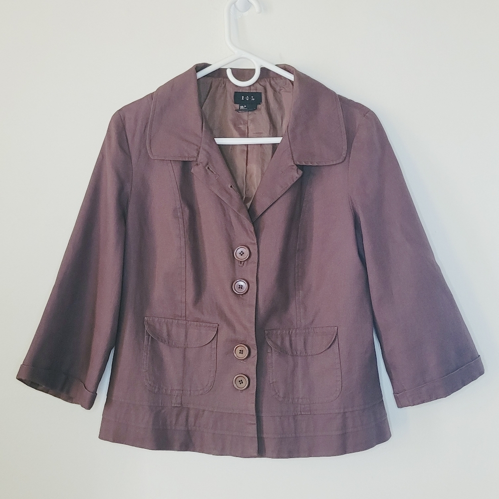 Vintage R.Q.T Jacket Linen Cotton Women Medium Lined Brown Buttons Collared Fall - Picture 1 of 11